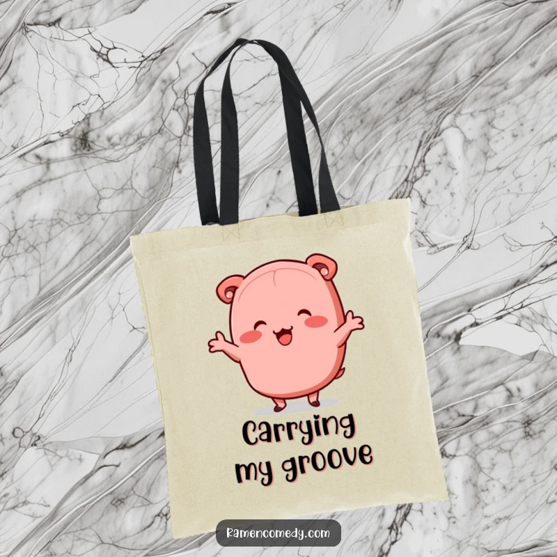 Funny chashu pork tote bag, happy dancing slice, cute ramen character, shopping bag.