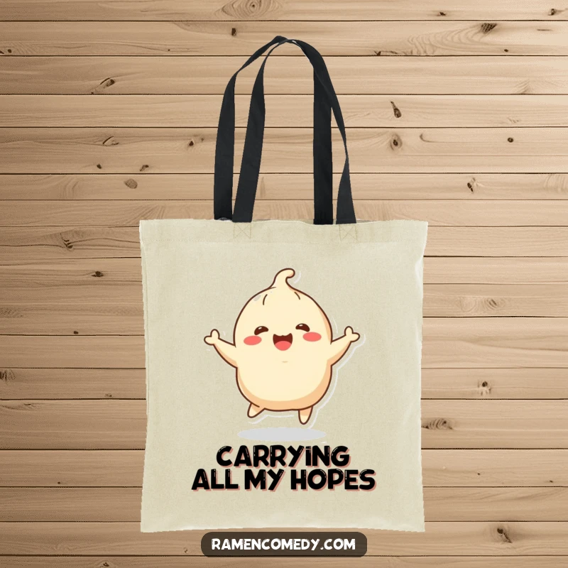 Funny cheerful dumpling character joyfully bouncing, tote bag. Practical and humorous funny gift.