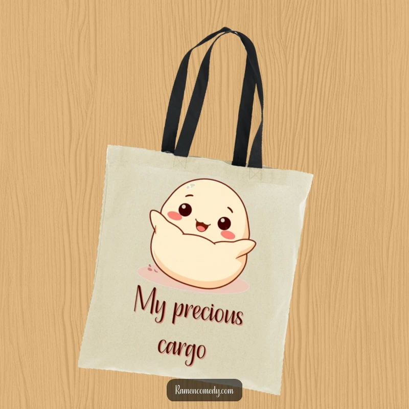 Funny cheerful dumpling rolling towards the viewer, reusable cute food tote bag.