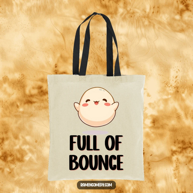 Funny Dumpling Bounce Tote Bag, a cartoonish dumpling happily bouncing like a tiny ball, perfect for carrying goodies.