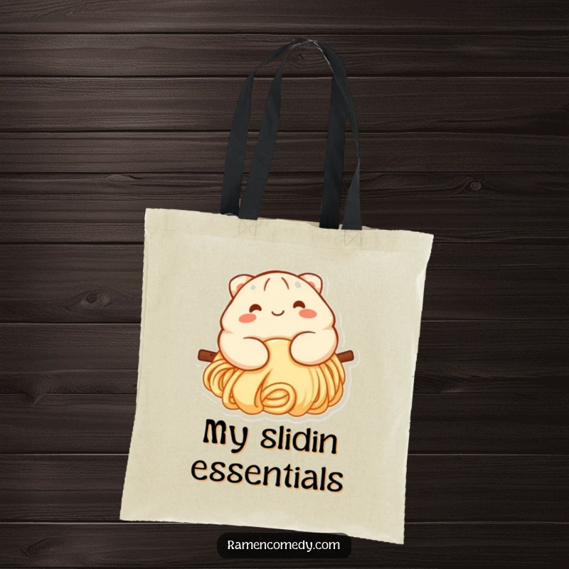 Funny dumpling tote bag featuring a happy dumpling character with rosy cheeks sliding down a noodle, ideal for shopping or daily use.