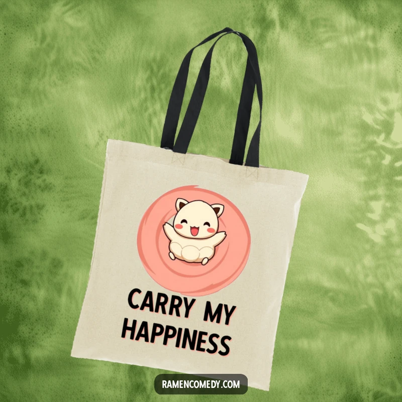 Funny tote bag illustration of a cheerful dumpling happily hopping on a naruto swirl, perfect for carrying daily essentials with flair.