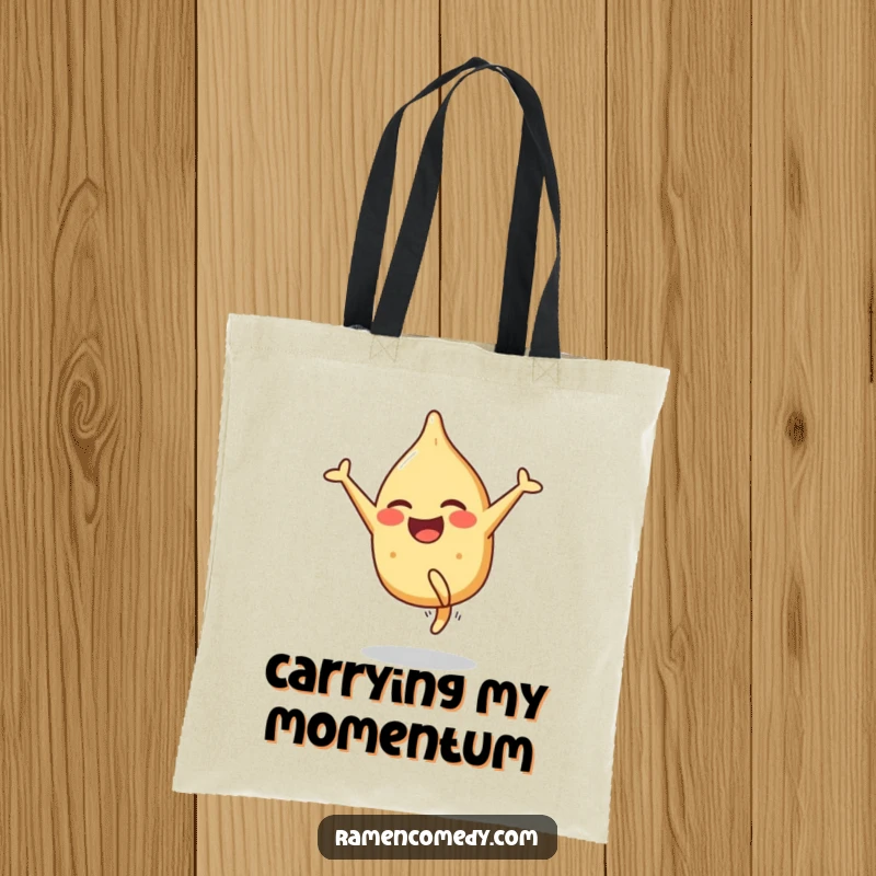 Funny tote bag depicting a smiling gyoza character doing a cartwheel with glee. Great for groceries and fun.
