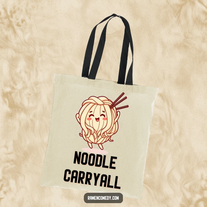 Funny Tote Bag: A roomy bag with a happy udon noodle character dancing with chopsticks.