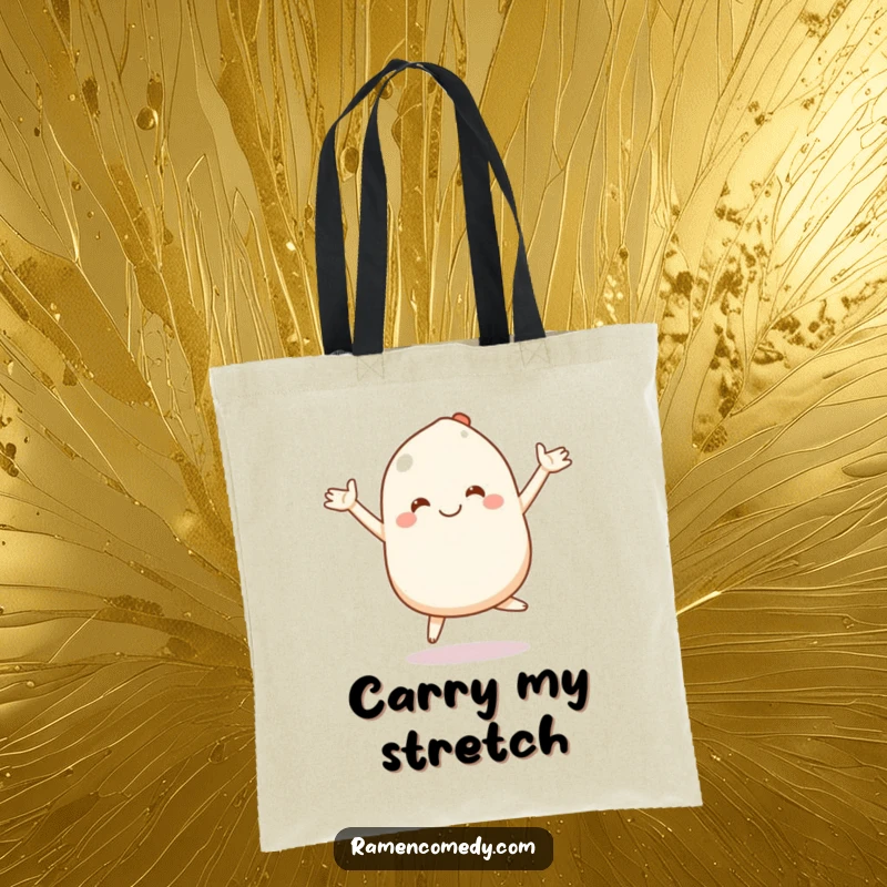 Funny mochi tote bag with a smiling character bouncing and stretching its arms, a fun accessory for daily use.