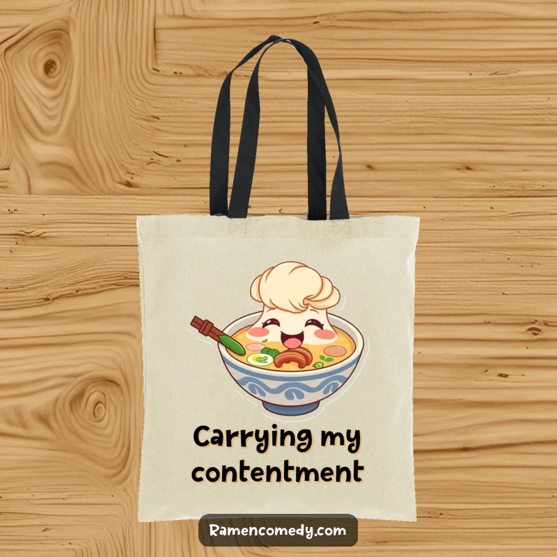 Funny ramen broth tote bag, smiling character beaming from bowl, cute soup accessory.