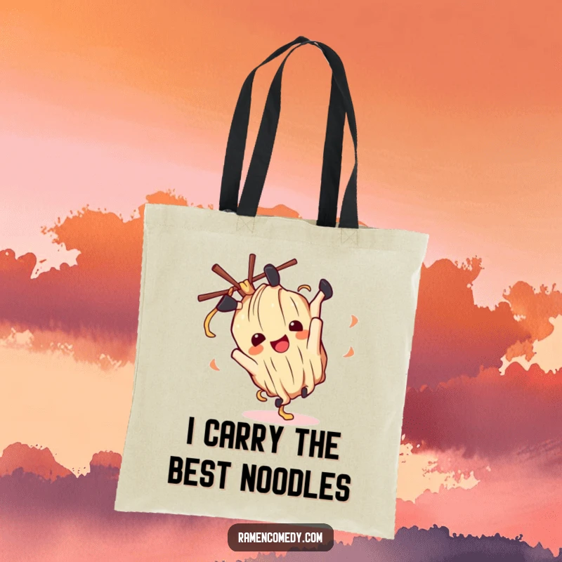 Funny ramen noodle character doing a happy somersault on a sturdy tote bag, ready for everyday adventures.
