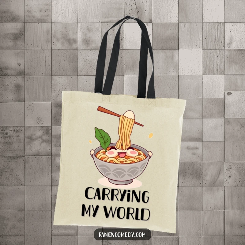 Funny ramen tote bag featuring a smiling noodle bowl juggling chopsticks and an egg, ideal for carrying groceries humorously.