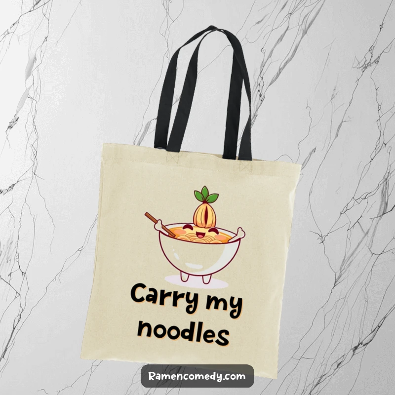 Funny tote bag depicting a cheerful ramen bowl character waving hello with chopsticks as arms.