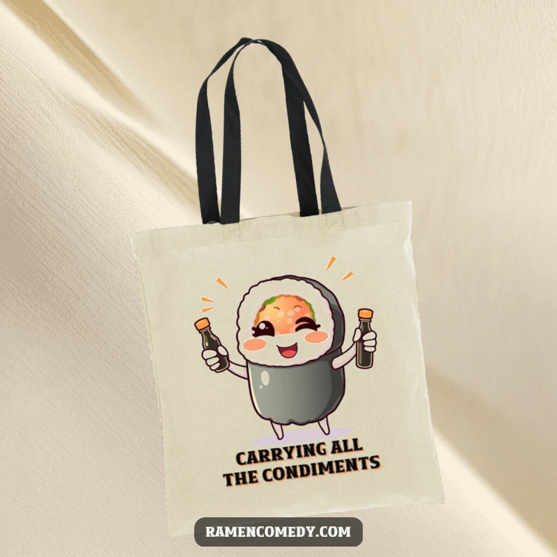 Funny sushi roll character winking while juggling soy sauce bottles, printed on a durable and stylish tote bag.