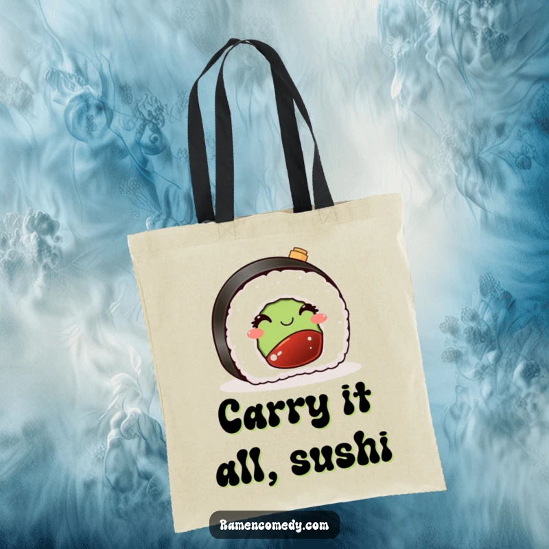 Funny tote bag illustration of a sushi piece winking playfully with a tiny soy sauce bottle, ideal for carrying goods with flair.