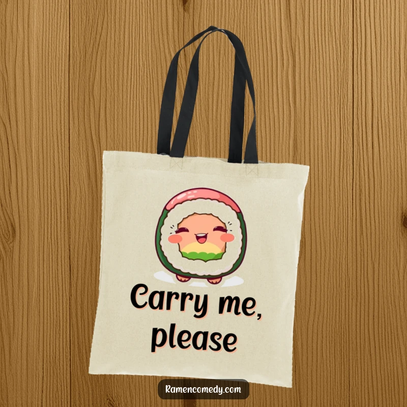 Funny tote bag illustration of a cheerful sushi roll character playfully winking, perfect for carrying items with personality.