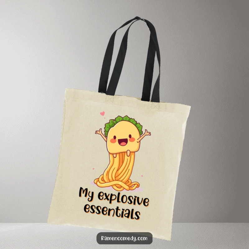 Funny taco noodle launch tote bag, a taco character launching from a springy noodle, a humorous and functional accessory.