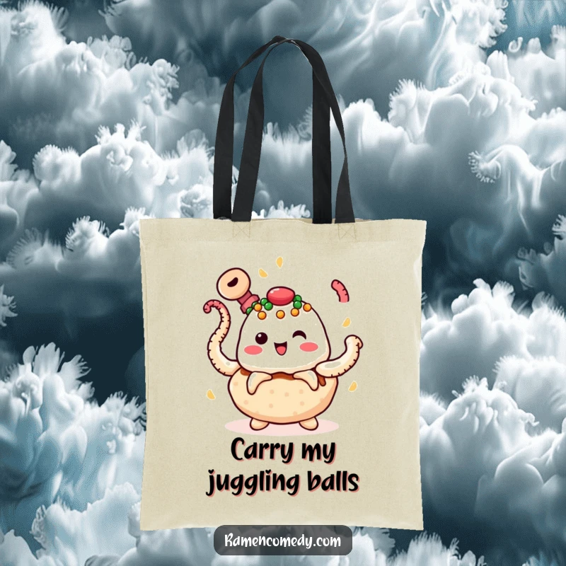 Funny takoyaki tote bag with a cheerful ball of food juggling spinning octopus tentacles, perfect for shopping or daily use.