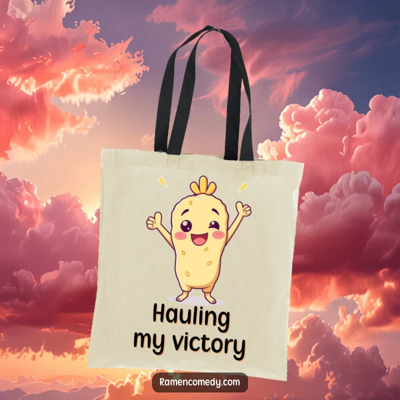 Funny Tote Bag featuring a cheerful tempura character striking a celebratory, victorious pose, perfect for carrying essentials with flair.