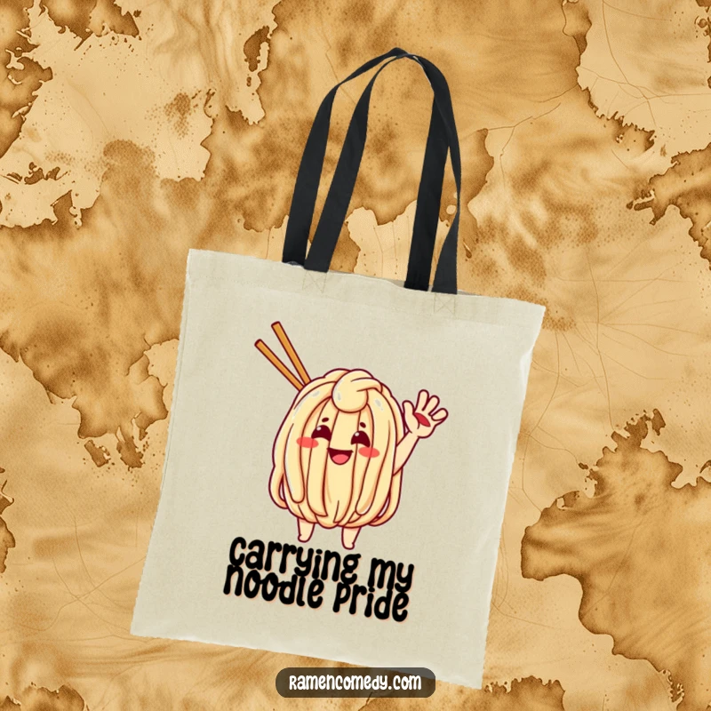 Funny tote bag with a cheerful udon noodle character waving enthusiastically, a playful accessory for food lovers.