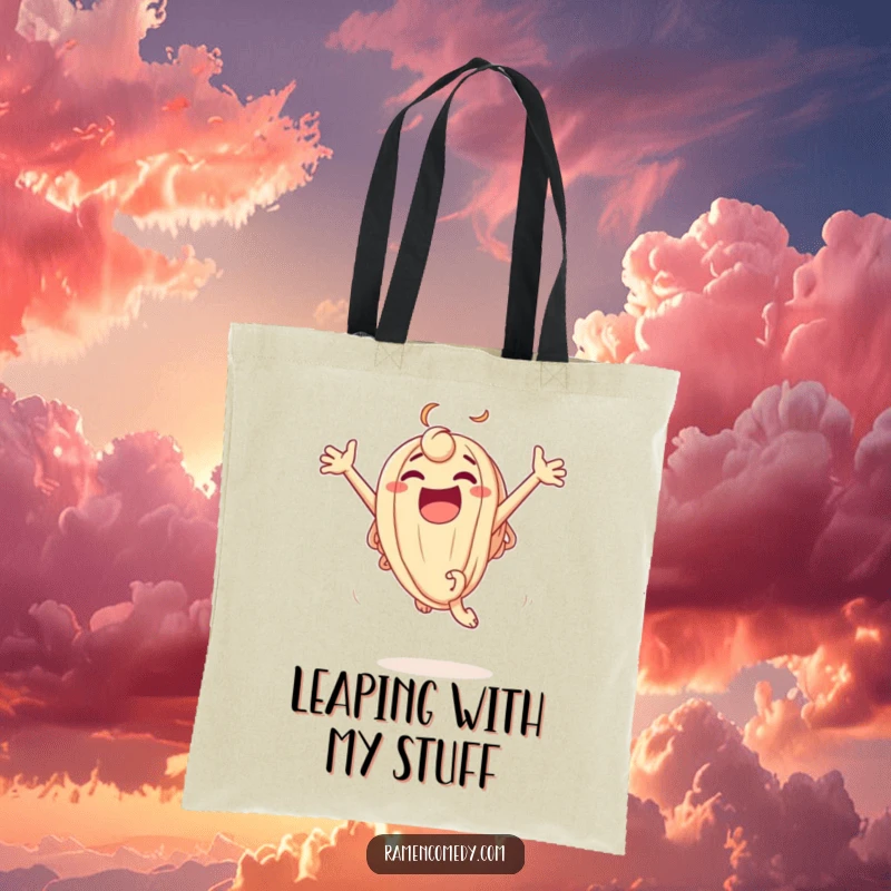 Funny Tote Bag designed with an excited udon noodle character leaping joyfully, perfect for carrying groceries with a side of humor.