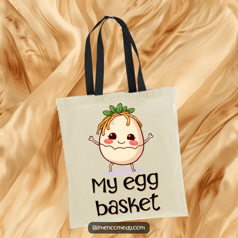 Funny Tote Bag showcasing a smiling ramen egg with tiny legs kicking up happily, perfect for carrying items with a smile.