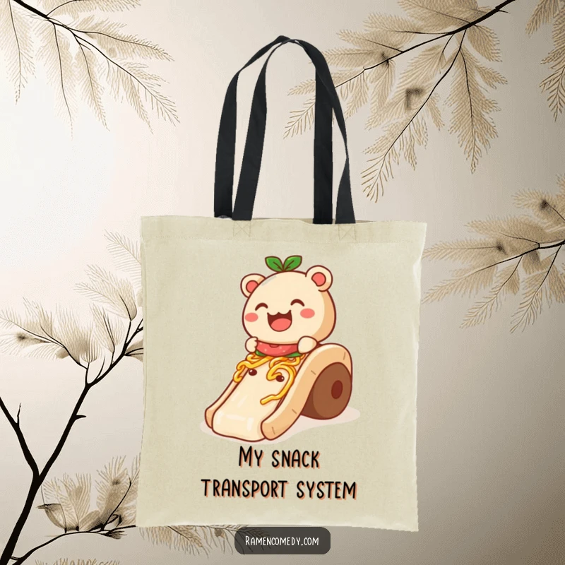 Funny Tote Bag: A smiling bao bun enjoys a ride down a noodle slide, perfect for carrying essentials with humor.