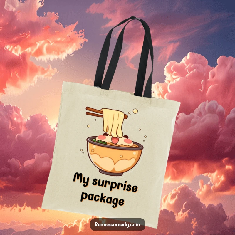 Funny ramen broth tote bag with a bubbling character splashing out of a bowl, perfect for groceries or daily use.