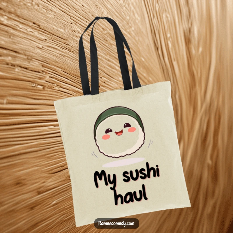 Funny smiling sushi piece spinning elegantly, reusable cute food tote bag.