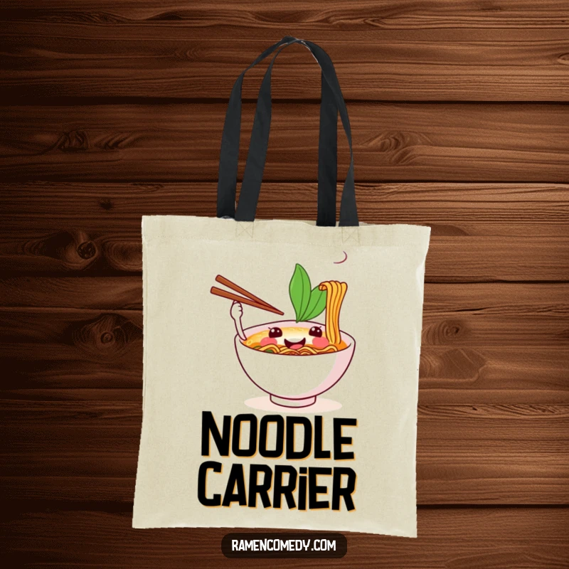 Funny tote bag illustration of a smiling ramen bowl juggling chopsticks, perfect for carrying essentials with style.