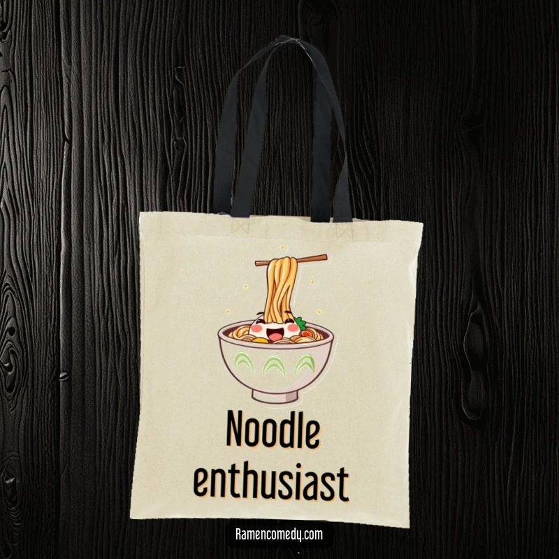 Funny Tote Bag showing a happy ramen bowl jumping out, perfect for carrying groceries with a side of culinary excitement.
